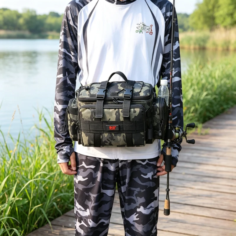 Compact Oxford Lure Bag Crossbody Fishing Tackle Layered Pack with Rod Holder Durable Scratch Resistant Multi-Compartment