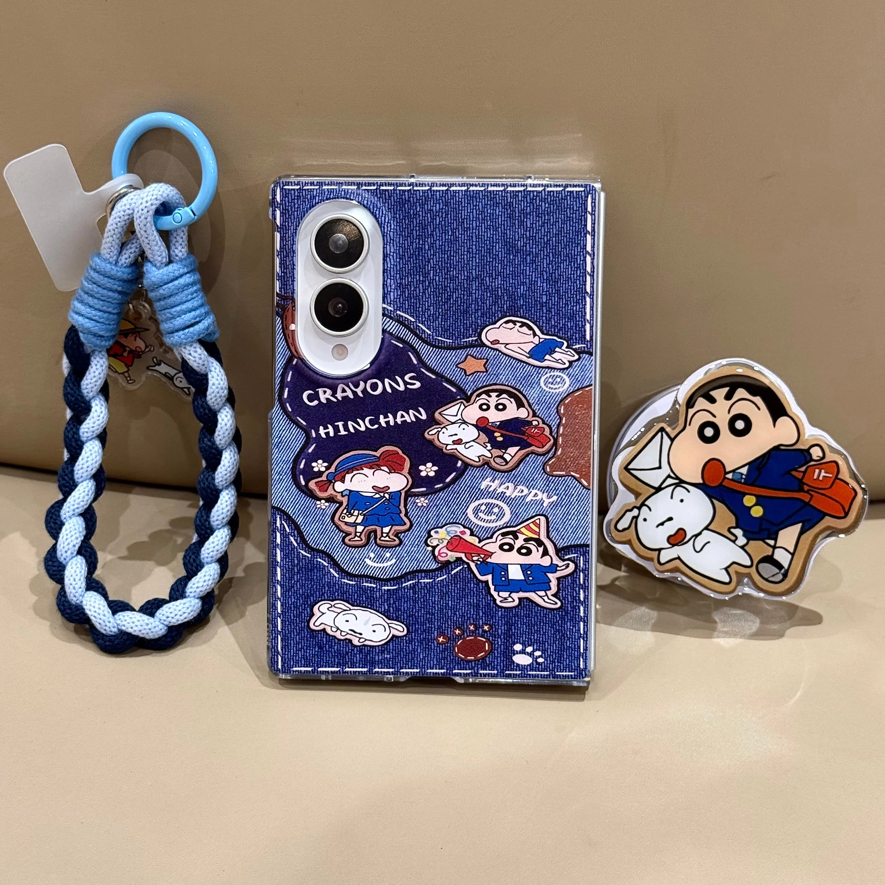 Kawaii Denim Texture Stand Phone Case With Magnetic Stand Braided Wrist Lanyard For Samsung Galaxy Z Fold 8 7 6 5 4 Fold 8 Ultra