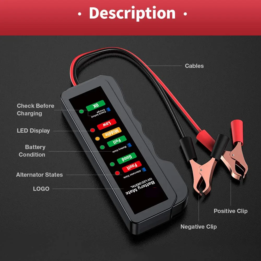 เครื่องทดสอบแบตเตอรี่รถยนต์ 12V, เครื่องตรวจสอบแบตเตอรี่, เครื่องทดสอบกระแสสลับยานยนต์, เครื่องวิเคราะห์เพื่อตรวจสอบเครื่องกําเนิดไฟฟ้ากระแสสลับและระบบชาร์จแบตเตอรี่, LED