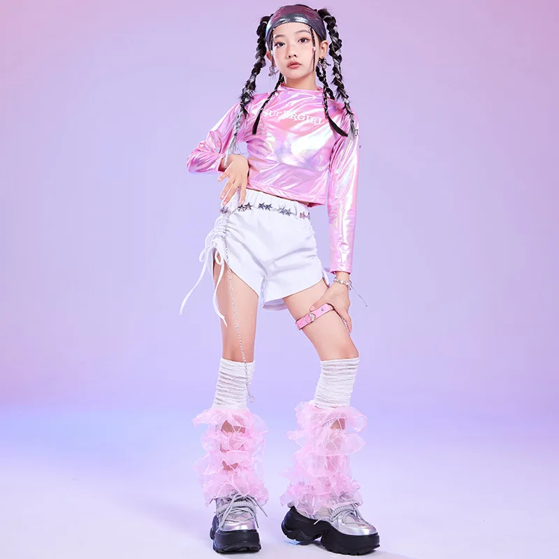 Kid Hip Hop Clothing Laser Pink Crop Top Long Sleeve T Shirt White Casual Drawstring Shorts for Girl Jazz Dance Costume Clothes