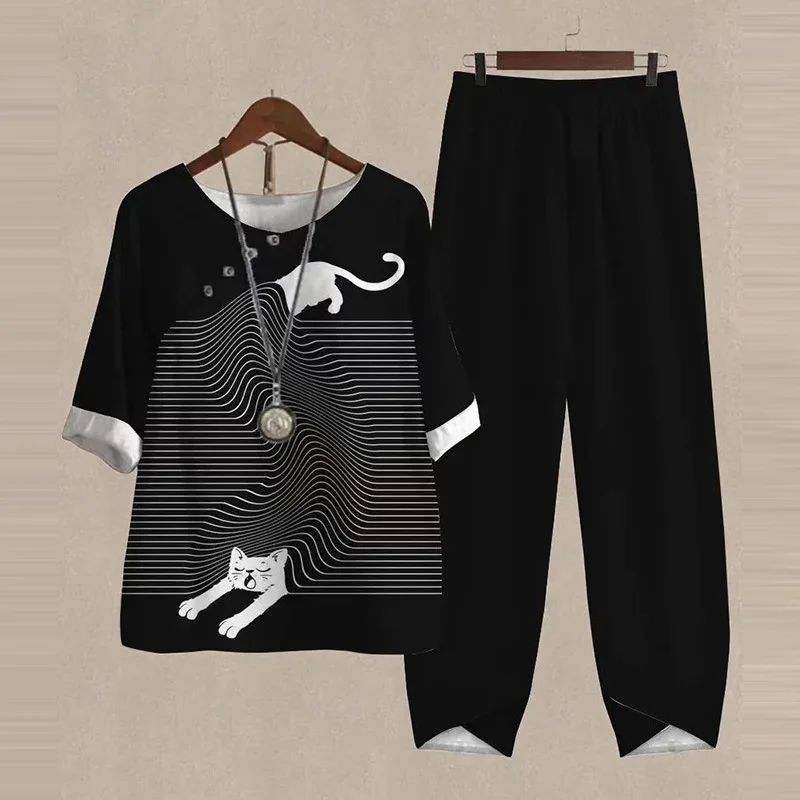

2025 Spring/Summer Fashion Women's High Street Spring Five-Sleeve Printed Top Pants Two-piece Set