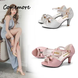 Comemore Summer Elegant Woman Heeled Shoes Sandals Mid Heel Women Shoe Open Toe Bow Beading Wedding Sandal Zapatos Mujer 34