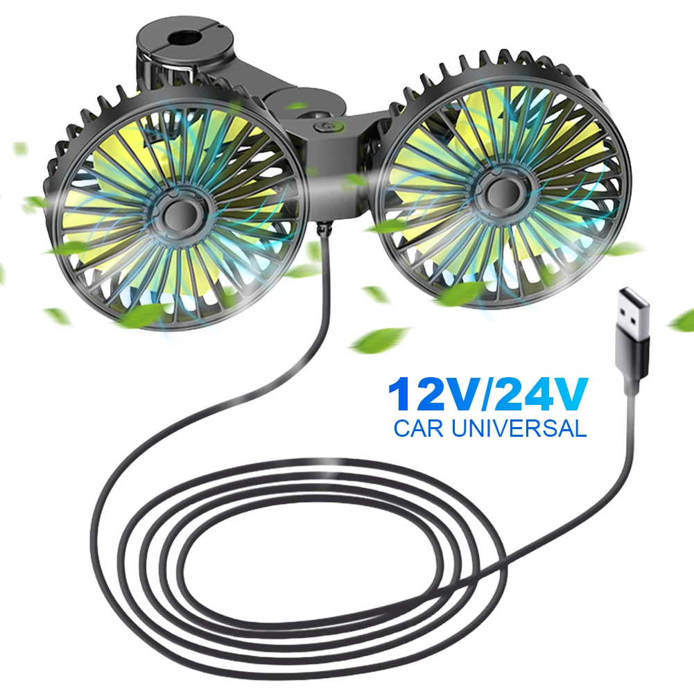 

12V/24V Car Powerful Fan 360 Degree Rotation Auto Headrest Ventilation Fan Dual Head USB Electric Cooling Fan Car Interior Parts