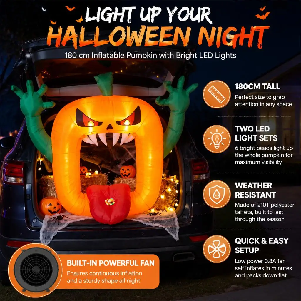 Halloween Inflatable Pumpkin with LED Lights, 180cm Blow Up Outdoor Halloween Decorations for Yard, Trunk or Treat Car Decor Kit for SUV, 210T Polyester, 0.8A Fan, Waterproof, Easy Setup, for Garden, Driveway, Trick or Treat Party