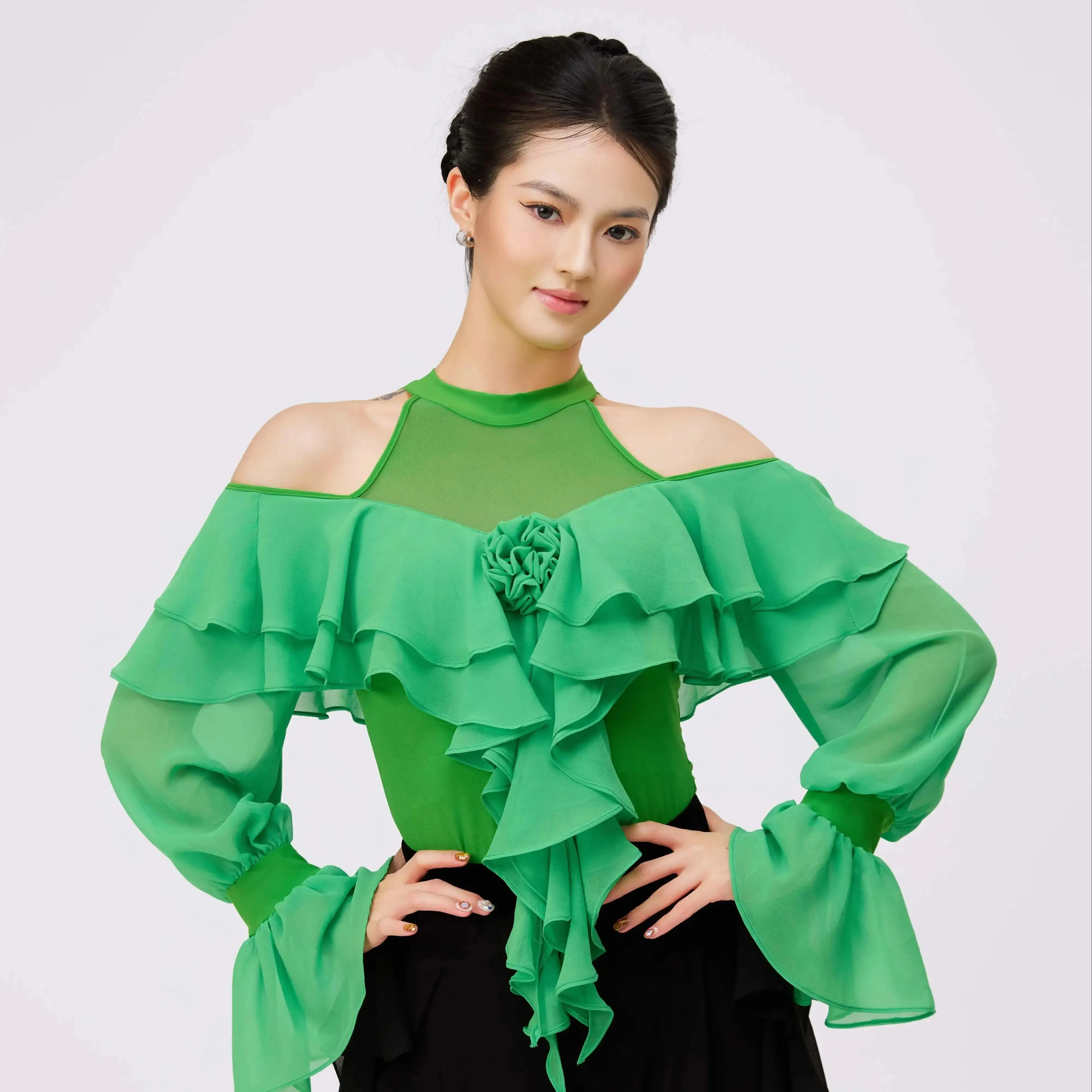 2025 女性オフショルダーメッシュジャンプスーツダンス衣装モダンダンス服チャチャタンゴラテン社交ダンス服 DN21915