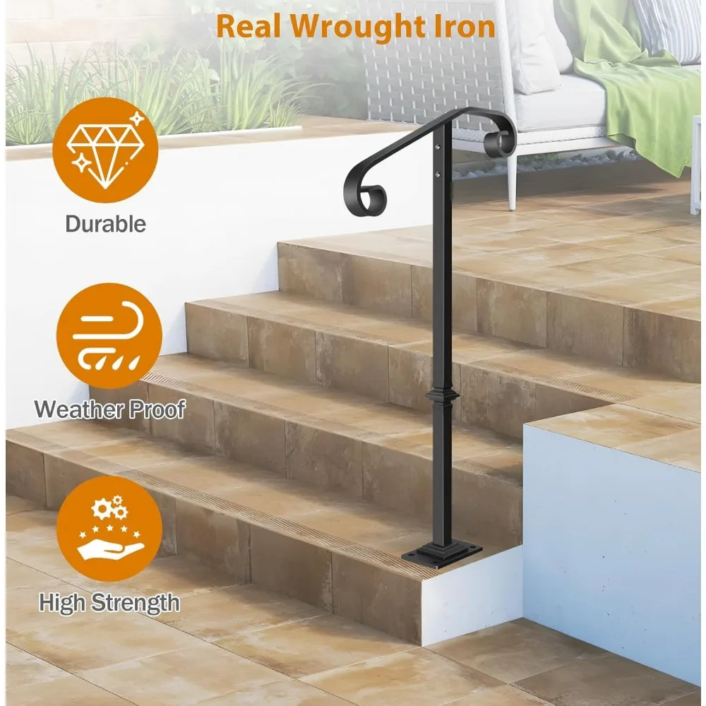 درابزين فردي متين للاستخدام الخارجي للسلالم، تصميم من الحديد المطاوع، مناسب لخطوات 1-2، قضيب إمساك داعم قوي #5