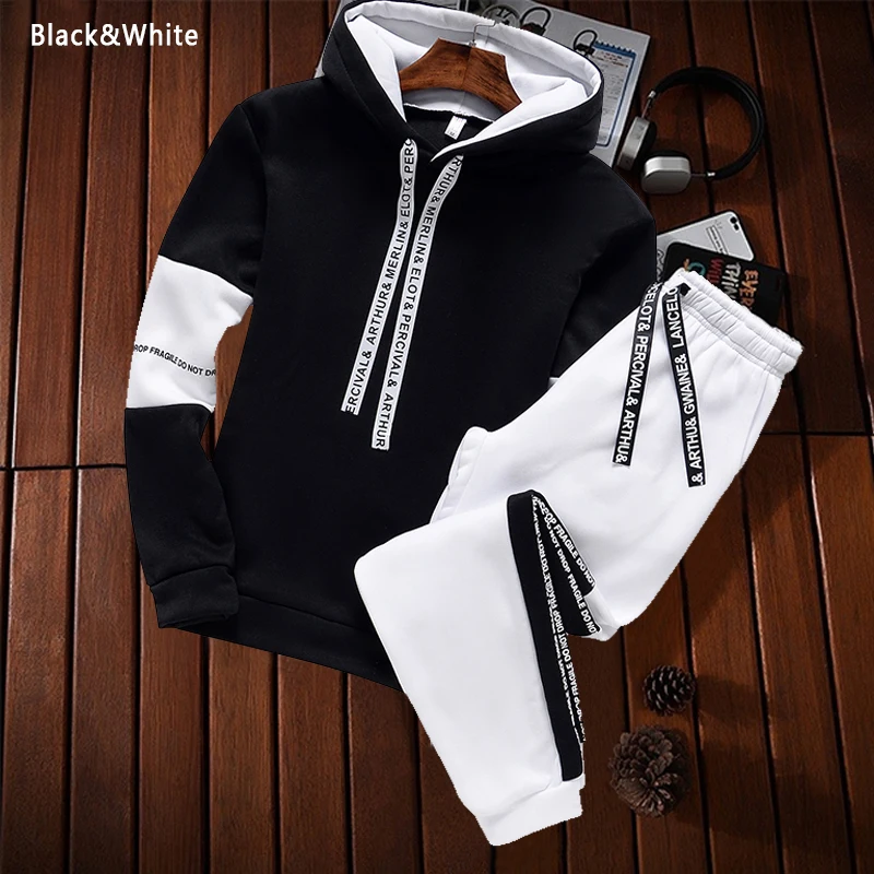 Autumn Winter Mens Tracksuit Black White Hooded Sweatshirts Jogging Sweatpants Versatile Sports Tops Pants Daily Casual Clothing