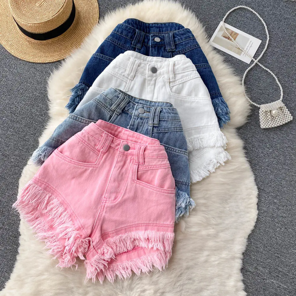 

2024 Summer New Women's Denim Hot Pants with Rough Edges High Waist Tassel Shorts Jeans Ropa De Mujer