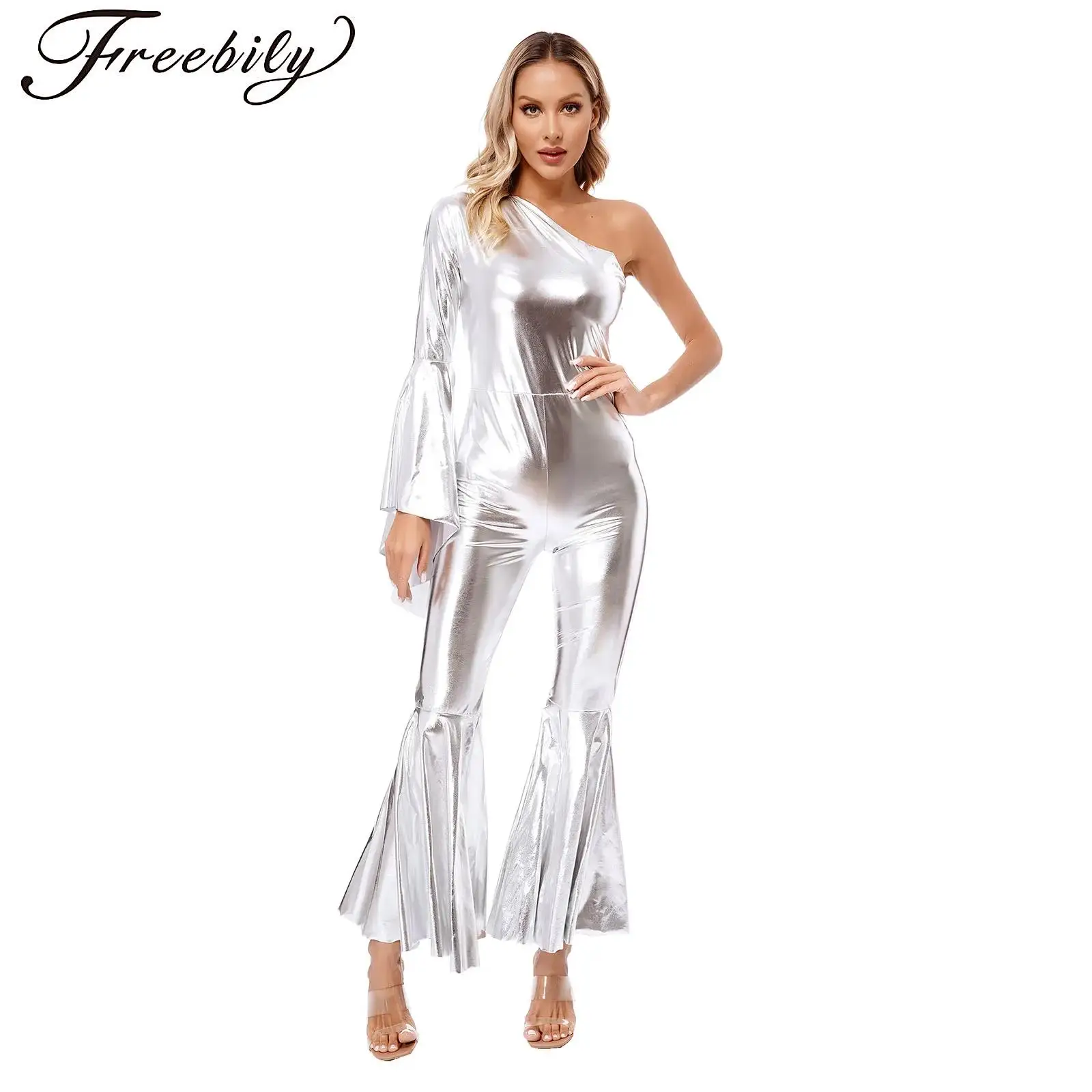 

Womens Metallic Shiny Bell-Bottom Dance Jumpsuit One Shoulder Flare Sleeve Bodysuit Carnival Theme Party Clubwear