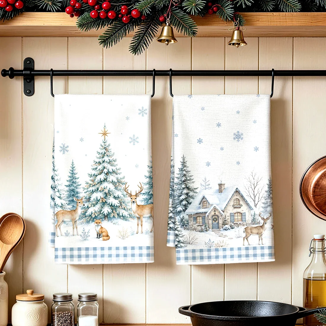 2pcs Set Kitchen Towels Winter Forest SnowflakesHand Towels Christmas Decorations For Home Noel Dish Towels Gifts