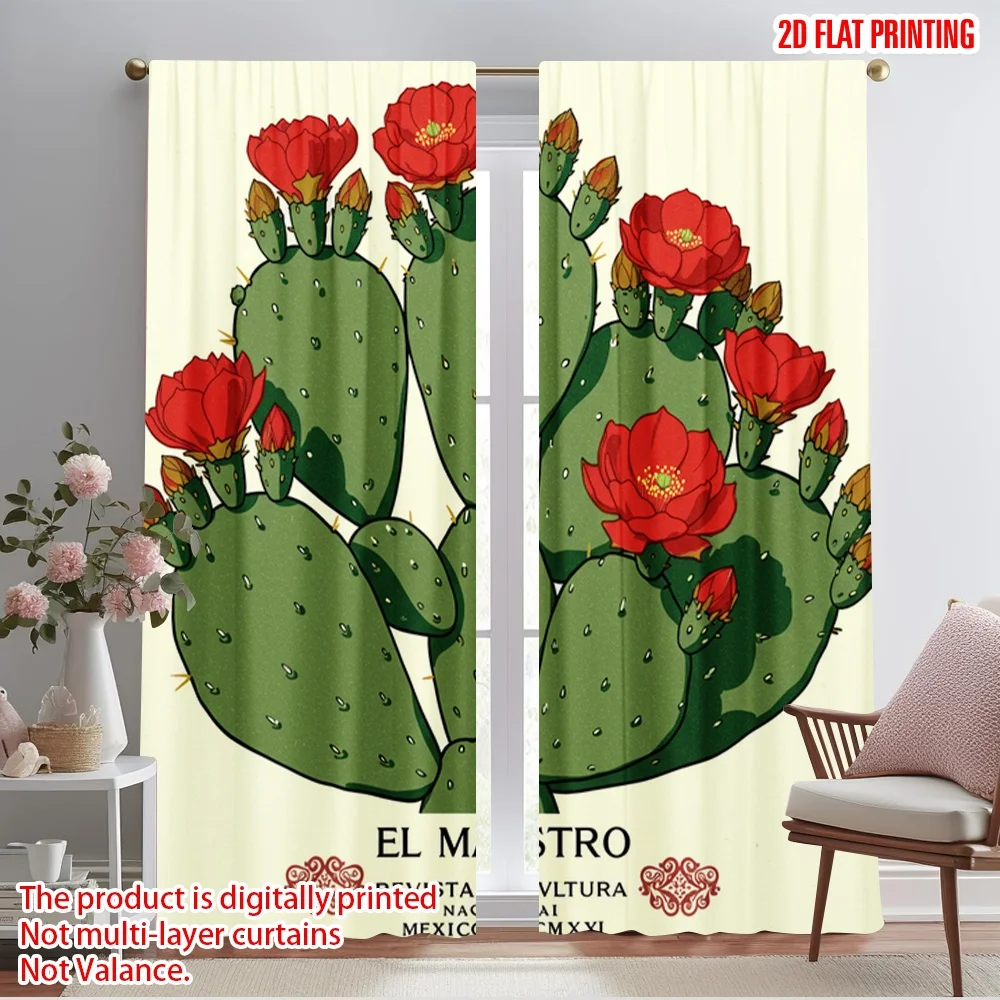 

2pcs 2D flat printing Curtain Prickly Pear Cactus Flowers Mexico MCMXXII 100% Polyester Fabric Without Electricity Holiday