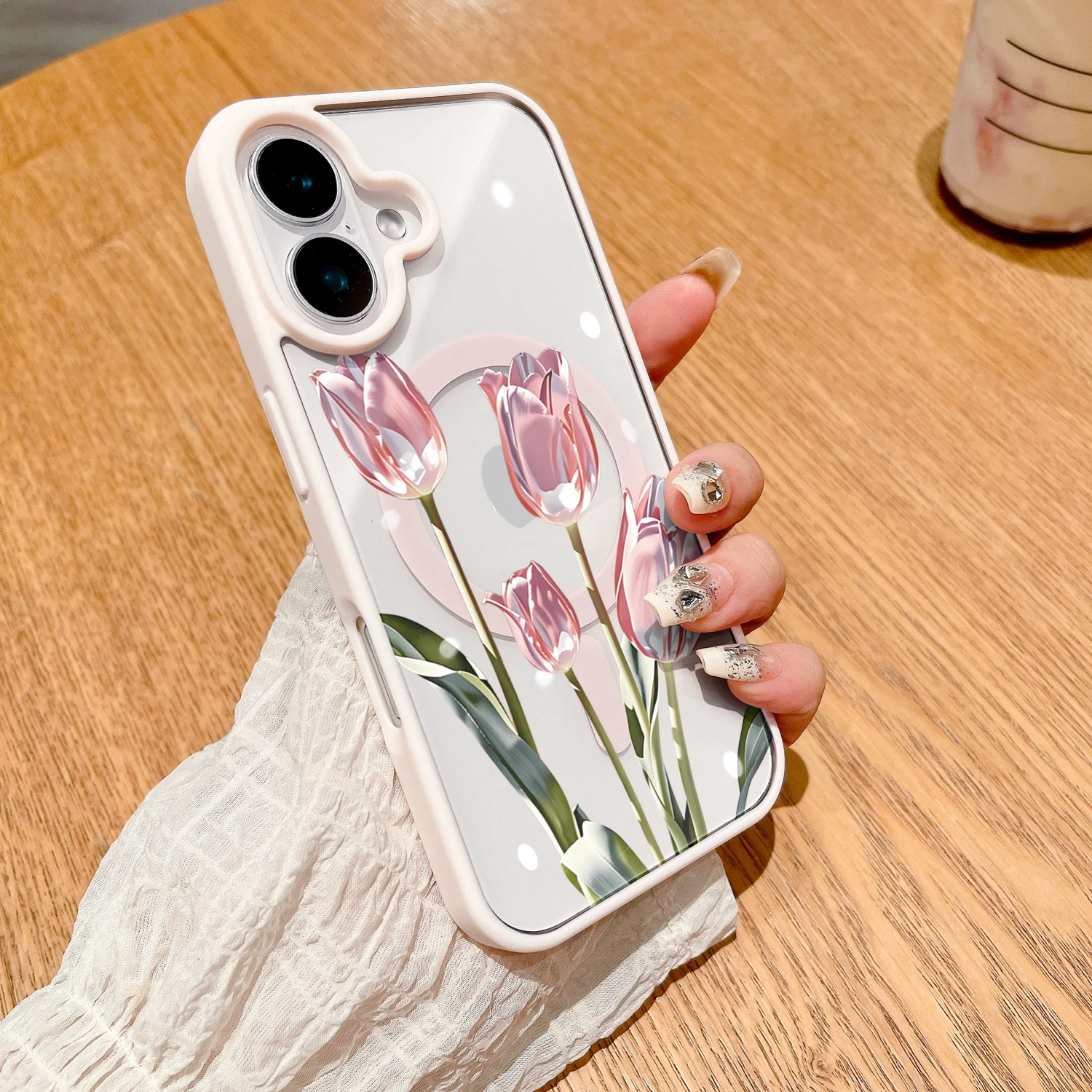 Tulpenblumen-Klarsichthülle für Magsafe iPhone 15 16 Pro Max 17 16 15 14 11 13 12 Pro Max Plus Hüllen Magnetisches Kabelloses Laden Coque – Detail 5