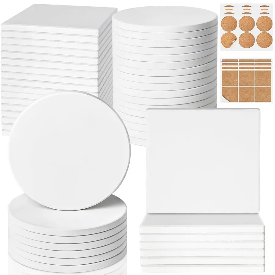 

Tiles for Crafts, 48 Pack Unglazed Blank Coasters with Cork Backing for Alcohol Ink Painting Acrylic Pouring Art Projects Housew