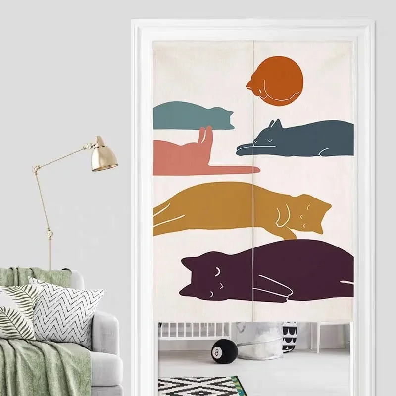 VIKAMA Abstract Cat Noren Door Curtain Boho Mountain Sun Art Print Fabric Home Room Partition Decor