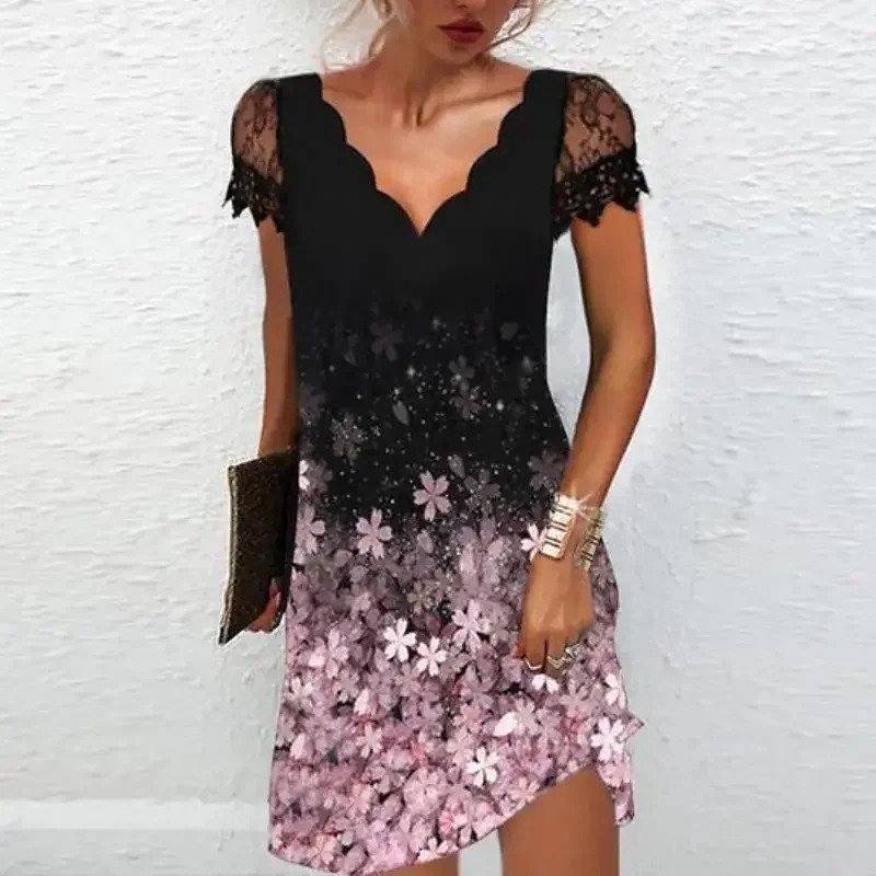 280530009 Printed Wave V-Neck Lace Short Sleeve Dress