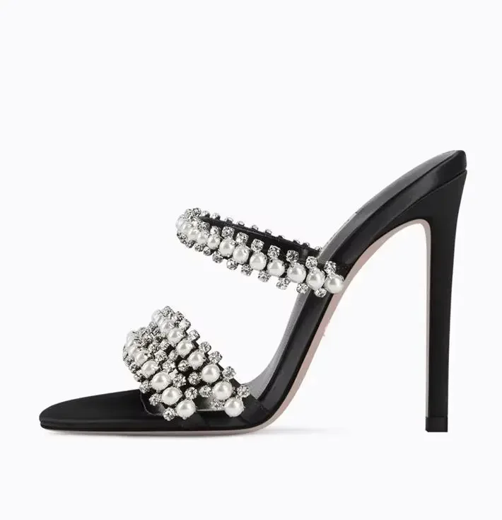 

Crystal Pearl Slip On Slippers String Bead Thin Heels Modern Sandals Pointed Toe Summer Women Shoes Stiletto Heel Slides