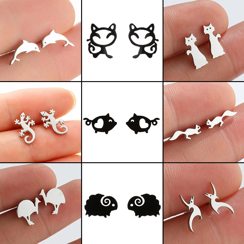 Mini Stainless Steel Pig Sheep Earring for Women Cartoon Cat Lizard Ear Jewelry Girls Cute Dolphin Squirrel Earrings Accessories
