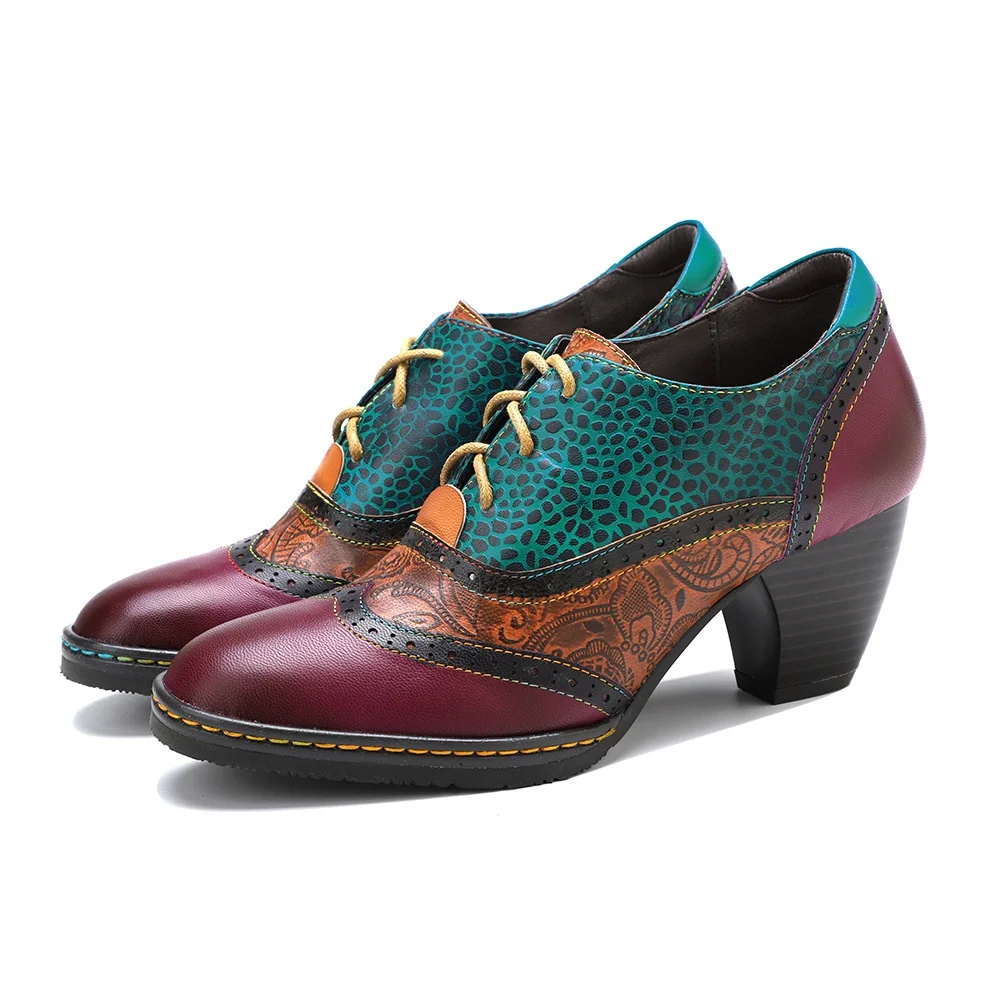 

High heels four seasons shoes college style large size leather contrast stitching brogue print high heels