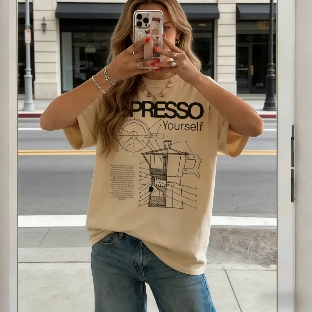 Espresso Yourself Grafik-Tops, Vintage Moka-Kanne Diagramm-Print T-Shirts für Damen, Kurzarm-T-Shirt, Lockeres Barista Unisex-Shirt