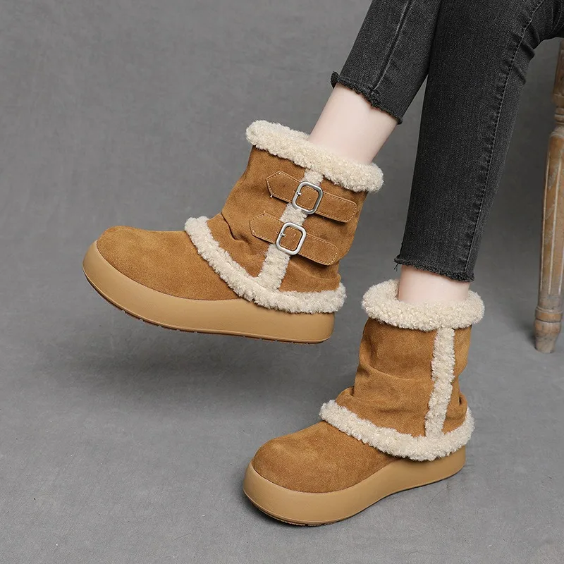 Autumn and Winter New Thick-soled Suede Medium Boots Lamb Wooll Bread Cotton Shoes Two Wear Snow Ankle Women's Slip-on