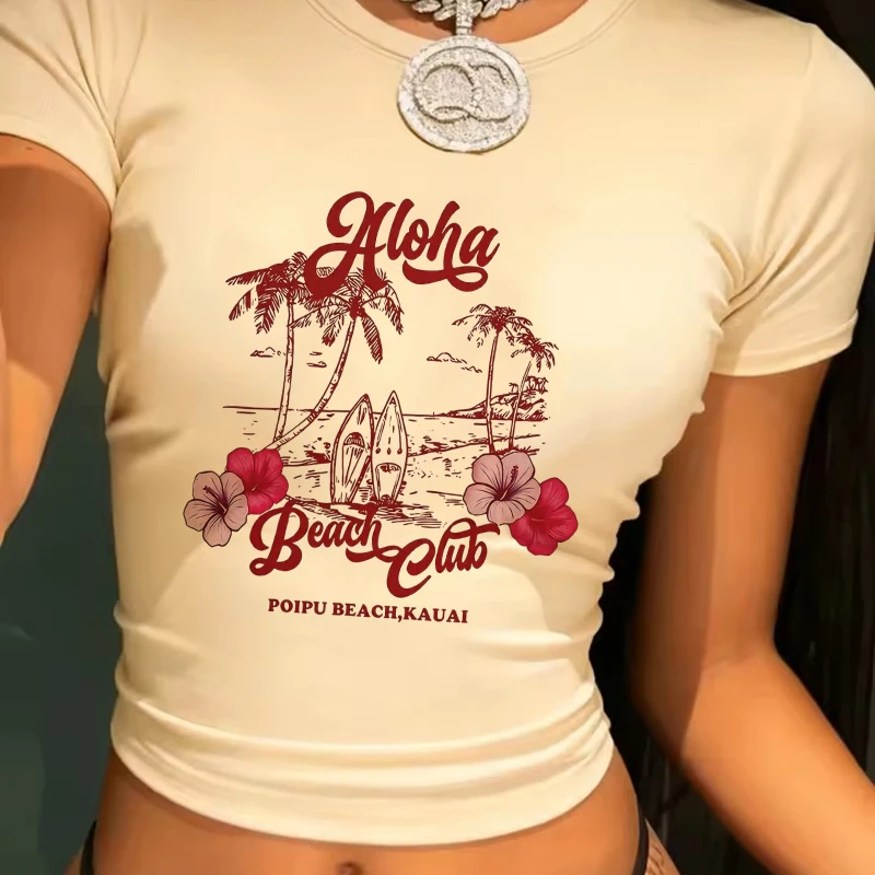 Palm Tree Surfboard and Coastline English Print Sexy Crop Tops 90s Vintage Tshirt Women's Crew Neck Short Sleeve Cropped T Shirt