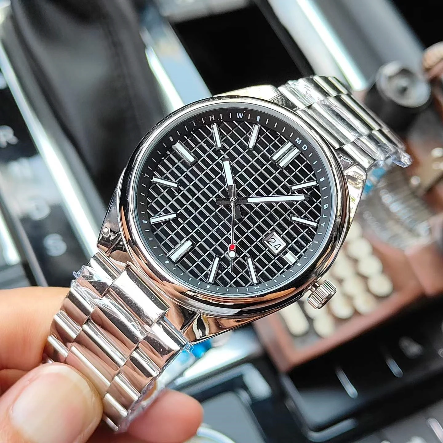 Grid dial GMT dual hour men's watch stainless steel strap luminous date business mechanical watch