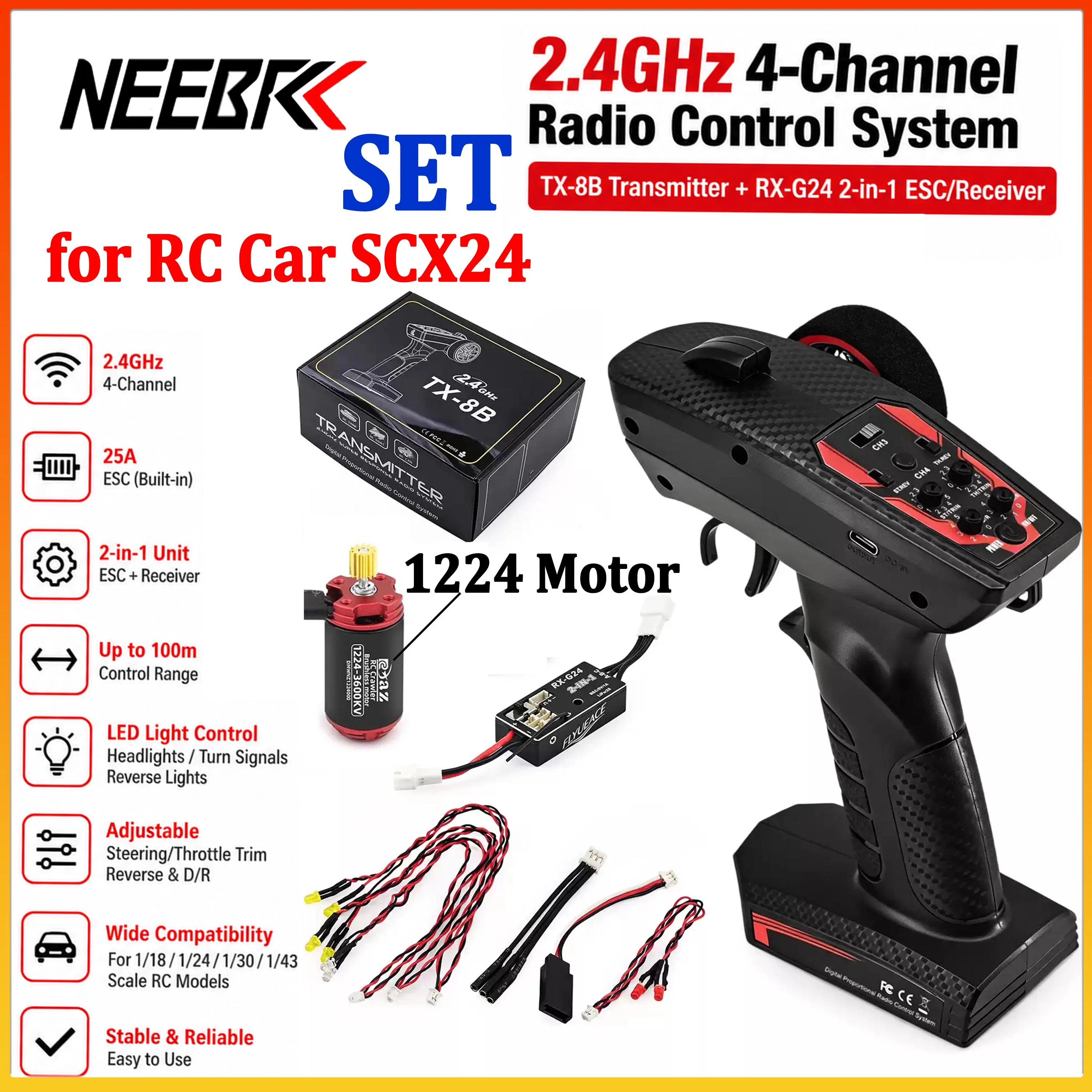 SCX24 Brushless Motor Upgrade Kit 1224 3600KV 4000KV with 25A 2-in-1 ESC Receiver 4CH Transmitter LED Lights for 1/24 RC Crawler