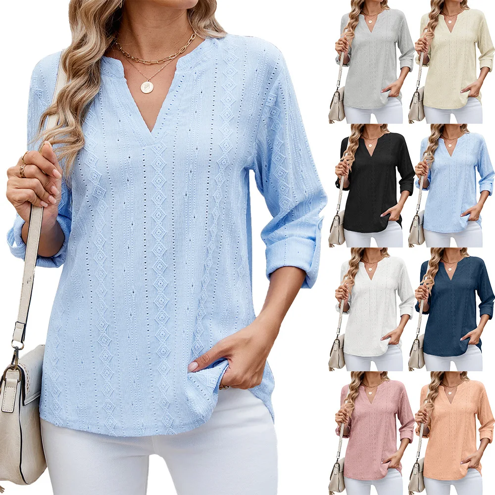 Women Solid V Neck Casual Shirt Long Sleeve Jacquard Loose Shirts Top Spring Simplicity Fashion Women Clothing Blusas Para Mujer