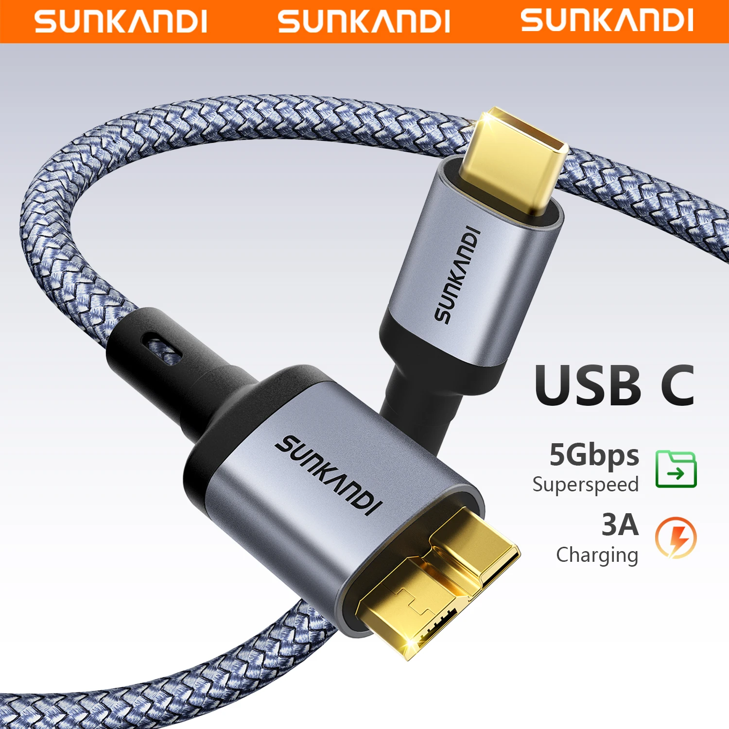 SUNKANDI 10 Gbps Micro B to USB C Hard Drive Cables, USB C to Micro B, External Hard Drive Cable for MacBook Pro, iPad/Tablet