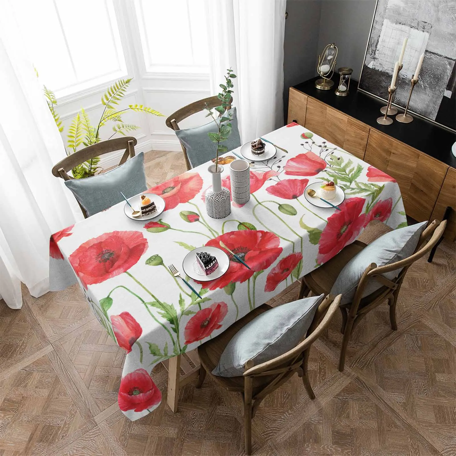 

Red Watercolor Poppy Flower Waterproof Tablecloth Party Decorations Supplies Rectangle Table Cloth for Kitchen Table Decor