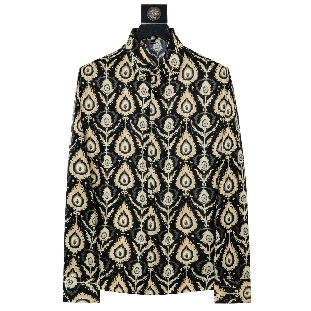

Trendy Peacock Print Long Sleeved Shirt for Men High Quality Retro Casual Social Shirs Loose Breathable Beach Vacation Shirts