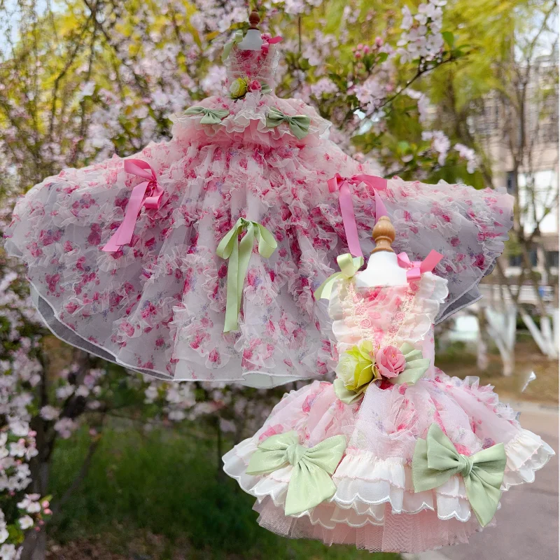 

Pet Dog Clothes Floral Lolita Christmas Gown for Dogs with Layered Tulle Ruffles Bow Handmade Wear Formal Costume For Dogs