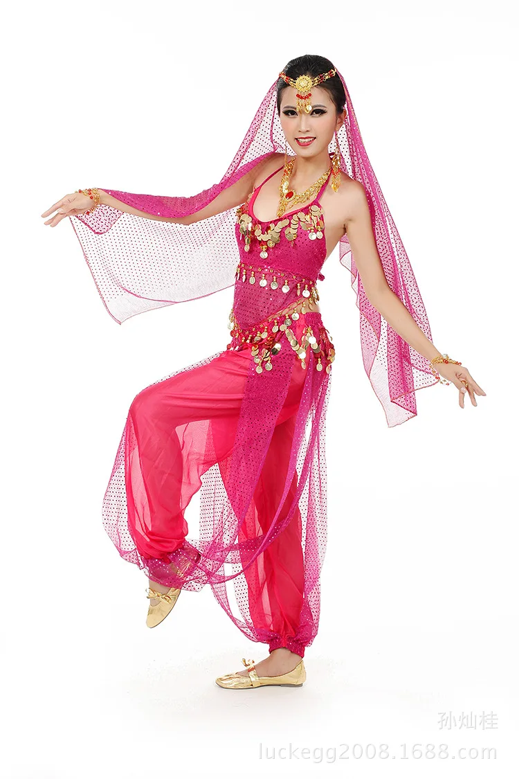 Ubrania do tańca brzucha, biżuteria, welon, top z wycięciem, z łańcuszkiem w talii, 3-częściowy zestaw spodni z wycięciem