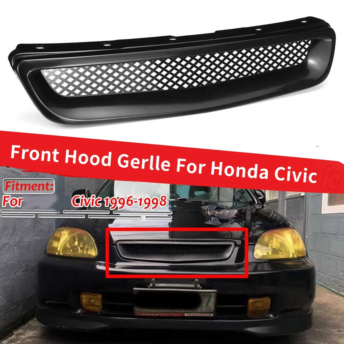 Grille de Pare-Choc Avant de Voiture en ABS Noir, Couverture de Calandre pour Honda Civic Convex CX DX EX HX LX Type R 1996 1997 1998