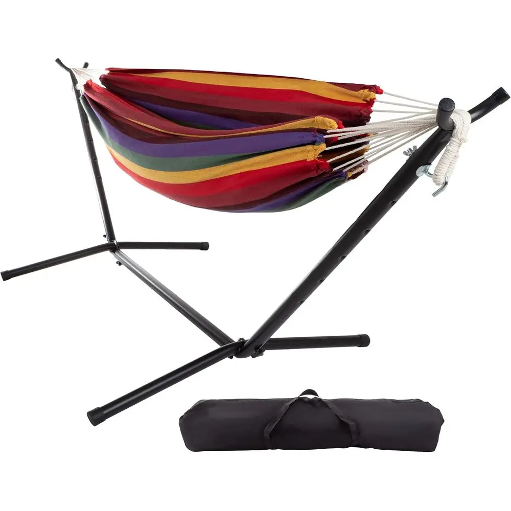 

2-Person Woven Cotton Double Hammock with Stand for Outdoor, Camping, Backyard, or Patio