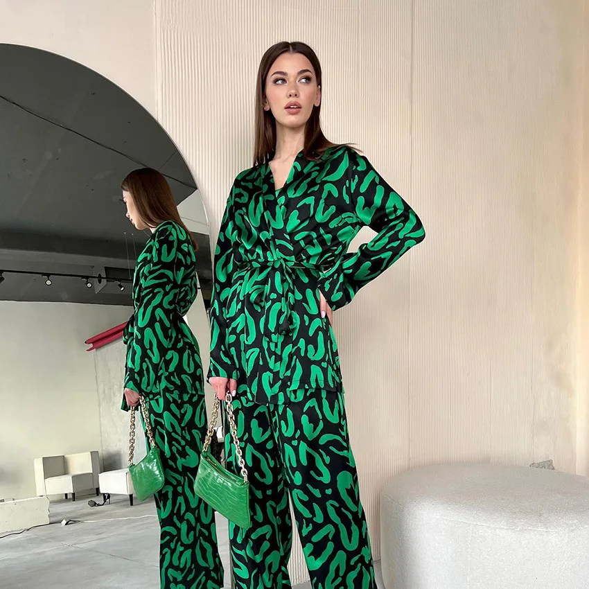 Autumn Fench Print Long-Sleeved Trousers Women' Pajama Set Fashion Green Ice Silk Loungewear Ladies' Home Clothes