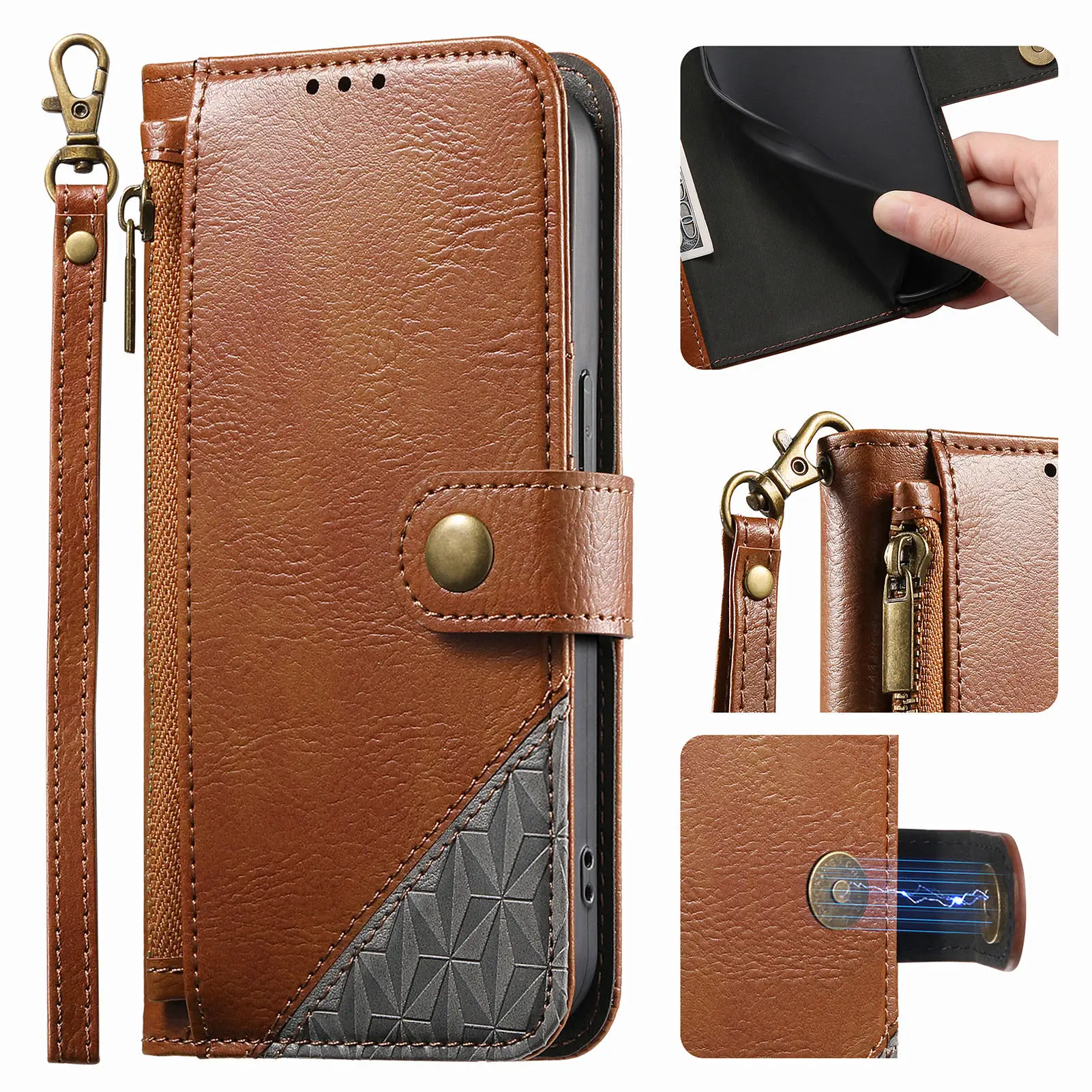 

Кожаный чехол-флип с магнитным креплением и отделением для карт в стиле колор-блокинг для Google Pixel 10 Pro XL 9A 9 8 8A 7A 7 с ремешком