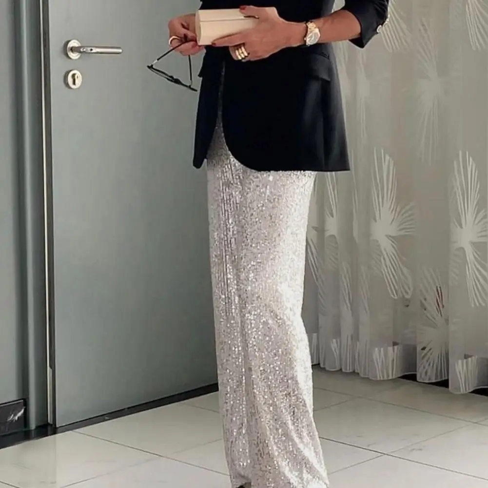 Soft Comfortable Pants Lightweight Pants Women’s Mid-rise Wide Leg Pants Sparkling Sequin Trousers Night Club Party Stage