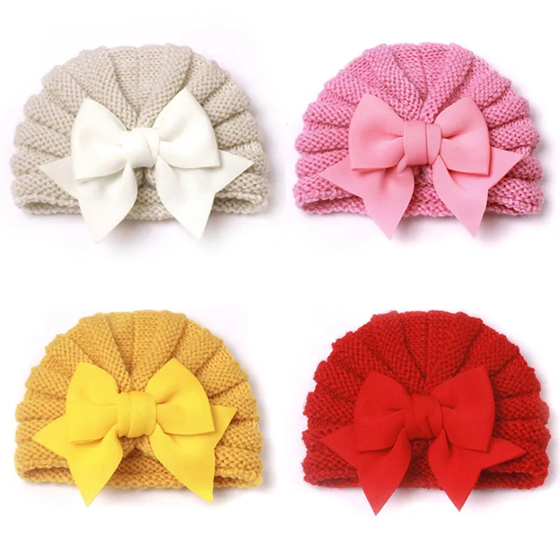 Bow Knitted Baby Hat for Girls Boys Baby Turban Cap Infant Bonnet Autumn Winter Warm Beanie hats Newborn Caps Accessories 0-2Y