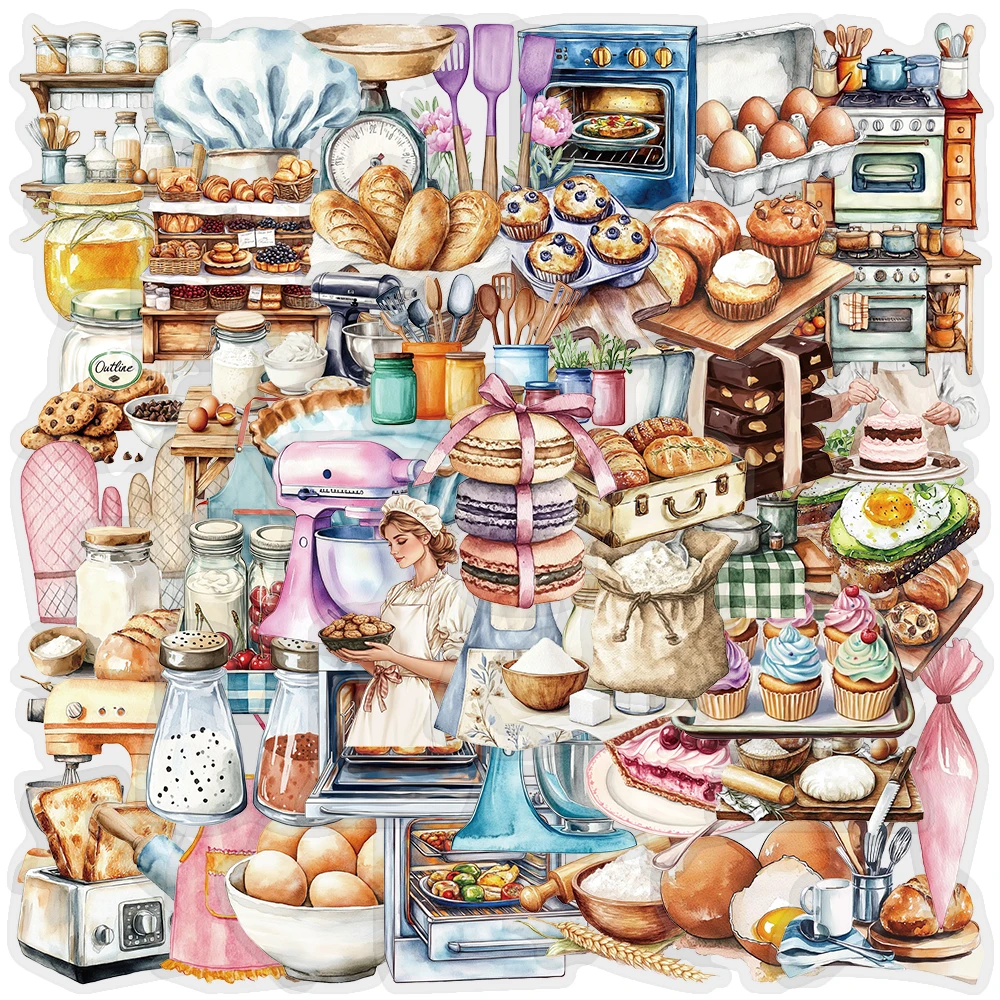 50PCS Baking Theme Stickers Cake Cookie Bread Decals for Adults Women Bakers Recipe Book Apron Jar Lunch Box Bento Cookie Jar