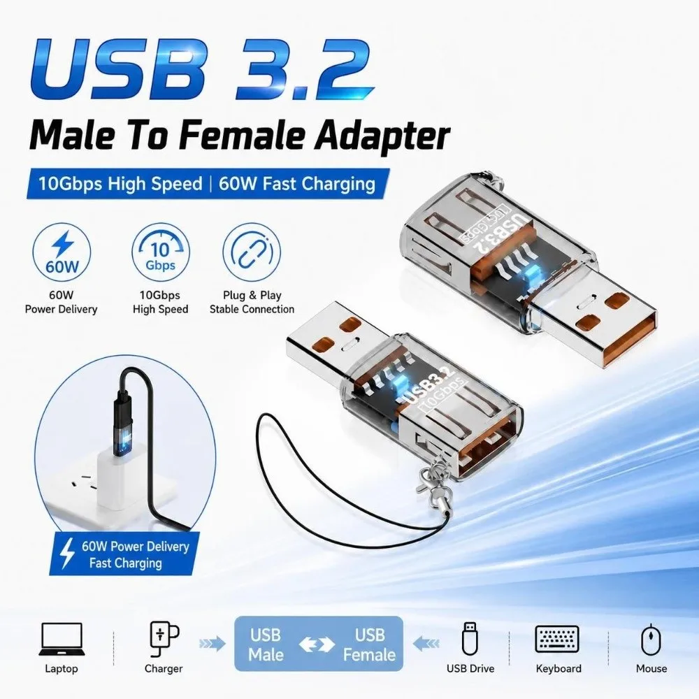 Transparent USB Male To Female Adapter 60W Plastic USB Extension Adapter High Speed OTG Function USB Adapter Vehicle Connection