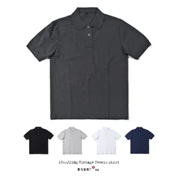 Amekaji Vintage Heavy Weight Cotton Gray Polo Shirt Men's Lapel Short Sleeve T-shirt Spring Autumn Solid Color Basic Loose Fit