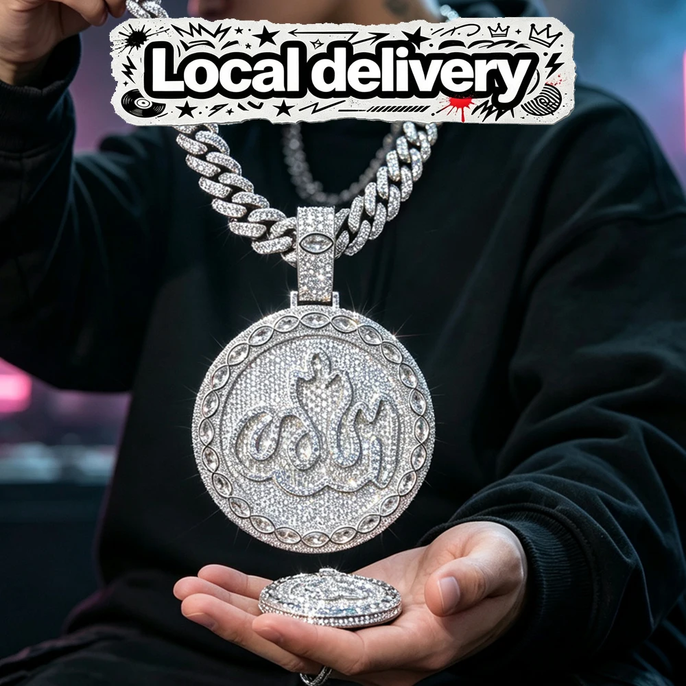 Iced Out Round Allah Zircon Pendant 18K Gold Plated Cuban Chain Necklace Accessories Islamic Hip Hop Jewelry For Men Micro Pave Zircon Charm Marquise Stone For Faith Reverence Peace Protection Street Rap Gift For Muslim Men Boy Friend Rappers Fine Jewelry