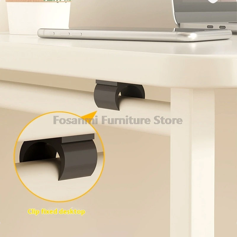 مكتب مكتب منزلي بسيط قابل للطي مع مساحة تخزين، مكتب كمبيوتر صغير قوي ومحمول، طاولة ألعاب للكتابة باللون الأبيض مع عجلات