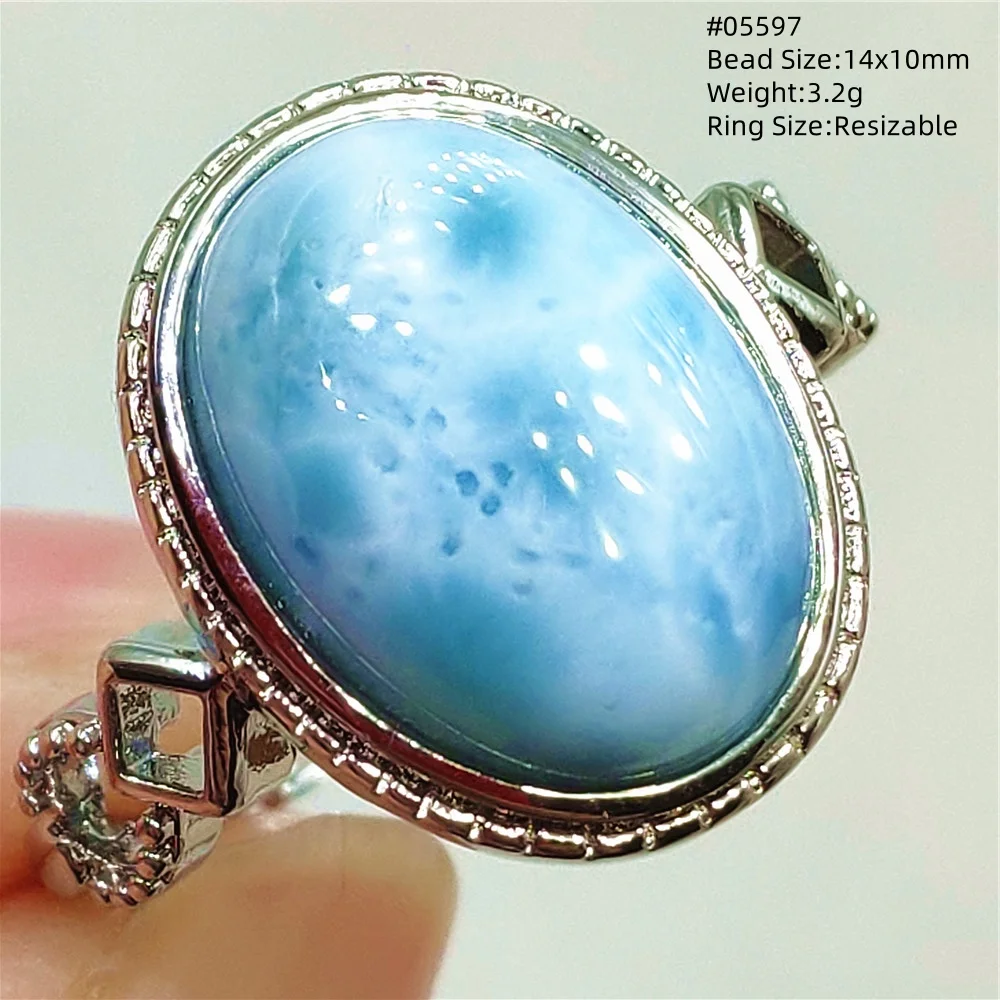 

Natural Blue Larimar Ring Adjustable Size Water Pattern Jewelry 925 Silver Larimar Oval Bead From Dominica Women Rare AAAAAA