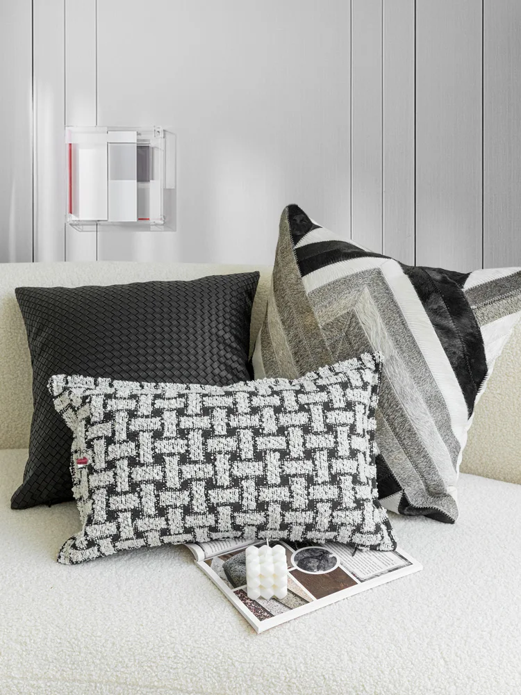 Modern Simple Sofa Pillow Cover New Chinese Style High-End Black White Tassel Flower Embroidery Cushion Cover Home Decor