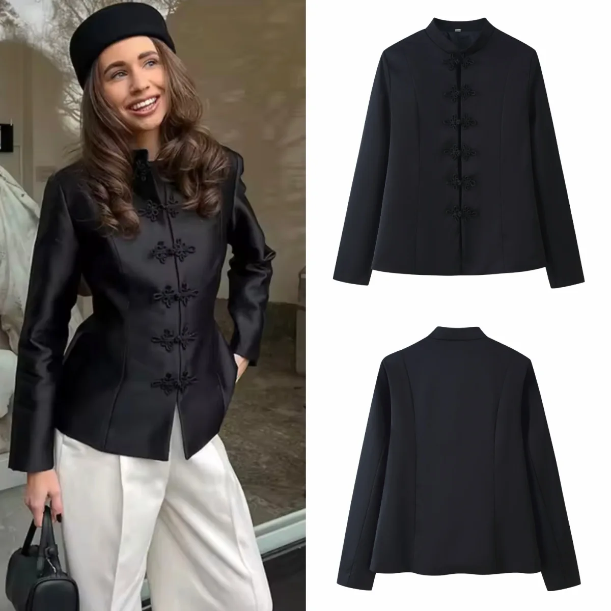 Ladies Chinese Style Cropped Jacket Mandarin Collar Frog Knot Buttons Slim‑Fit Short Coat Women Elegant Solid Color Autumn