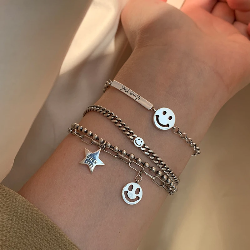

Authentic 925 Sterling Silver Korean Style Vintage Geometric Bracelets Bangles For Women Wedding Couple Fashion Party Jewelry