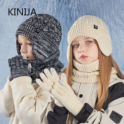 3pc Kids Winter Hat Scarf Glove Set Unisex Children Beanie Cap Knitted Scarf Cap Ear Protection Winter Fleece Warm Hat for Baby