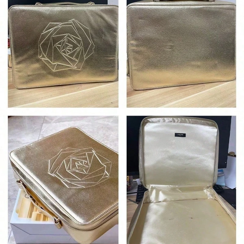 Lancome Metallic Gold Embossed Rose Cosmetic Bag Large Capacity Travel Makeup Storage Bag For Daily Outing Birthday Holiday Gift view 6